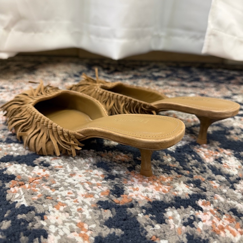 Larroude Tan Suede Fringed Kitten Heel Mule - Picture 9 of 16